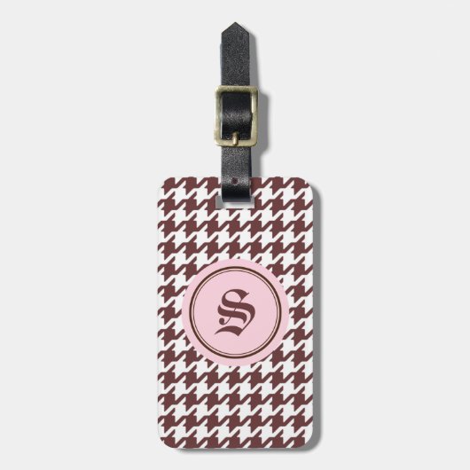 Modieus klassiek bruin houndstooth roze monogram bagagelabel (Voorkant verticaal)