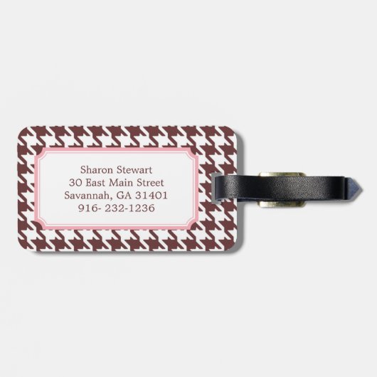Modieus klassiek bruin houndstooth roze monogram bagagelabel (Achterkant horizontaal)
