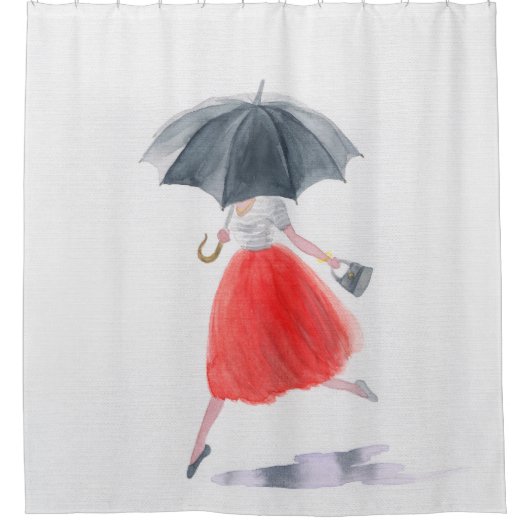 Modieus Meisje: paraplu regen illustratie Douchegordijn (Voorkant)