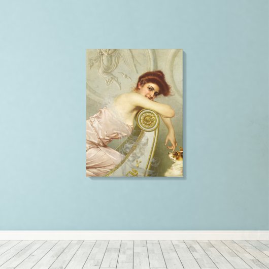 Modieus mooie vrouw plagen haar puppy hond canvas afdruk (Insitu (Houten vloer))