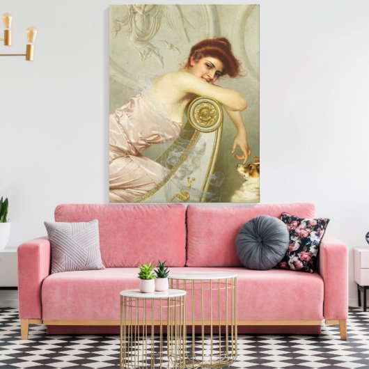 Modieus mooie vrouw plagen haar puppy hond canvas afdruk (Insitu (Woonkamer))