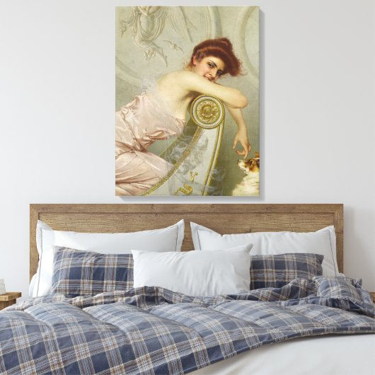 Modieus mooie vrouw plagen haar puppy hond canvas afdruk (Insitu (Slaapkamer))