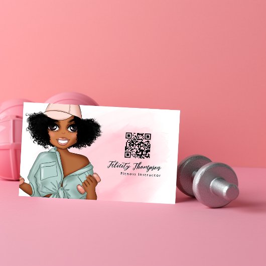 Modieuze Afro Fitnessinstructrice Meisje QR Code Visitekaartje