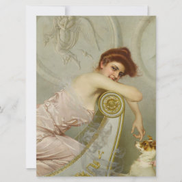 Modieuze jonge dame streelen haar puppy hond kaart