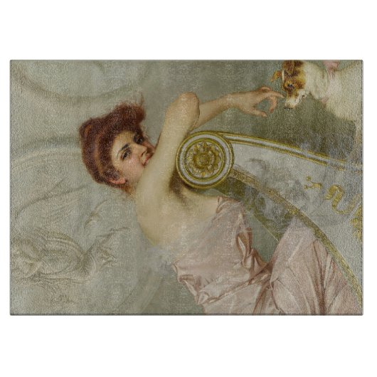 Modieuze mooie dame streelen haar puppy hond snijplank (Voorkant)