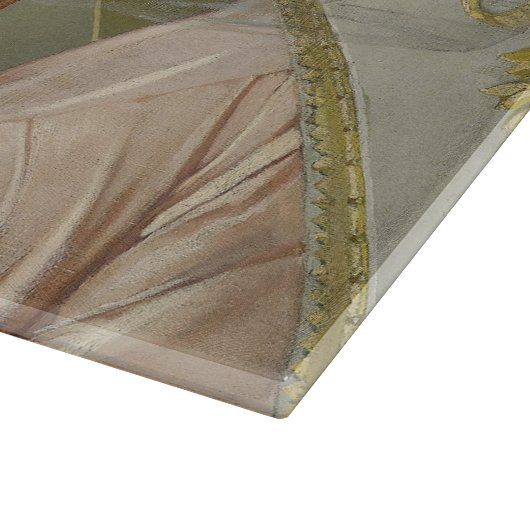 Modieuze mooie dame streelen haar puppy hond snijplank (Hoek)