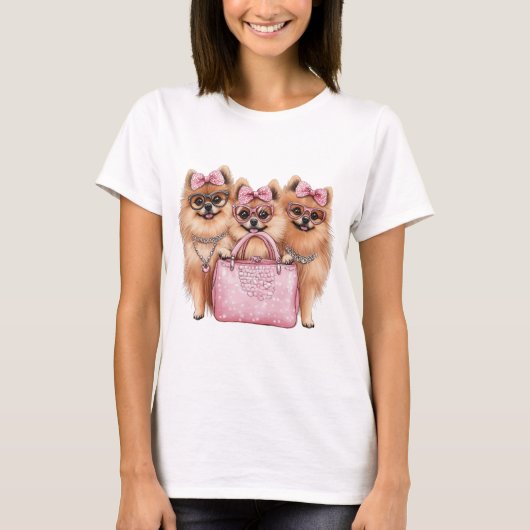 Modieuze Pommerse honden roze portemonnee T-shirt (Voorkant)