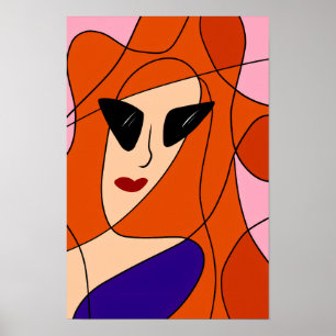 Modieuze Redhead - Roze en Oranje lijntekening Poster