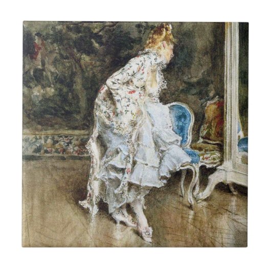 Modieuze schoonheid bewonderen zichzelf in de spie tegeltje (Voorkant)