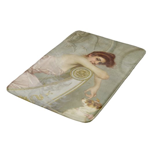 Modieuze schoonheid spelen met haar puppy hond badmat (Gekanteld)