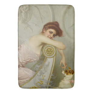 Modieuze schoonheid spelen met haar puppy hond badmat