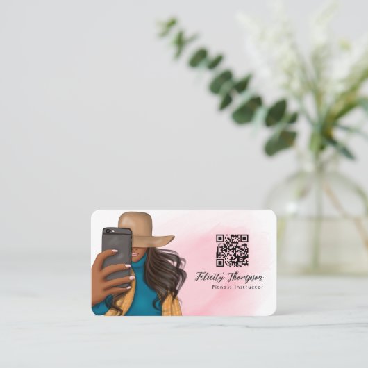 Modieuze Selfie Meisje QR Code Visitekaartje (Staand voorkant)