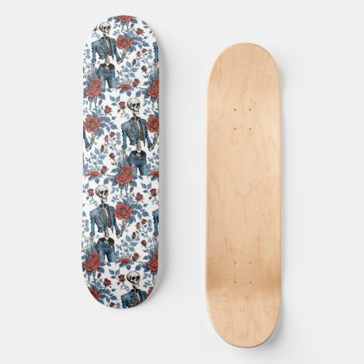 Modieuze Skeletten in Jean jas met Rozen Persoonlijk Skateboard (Voorkant)