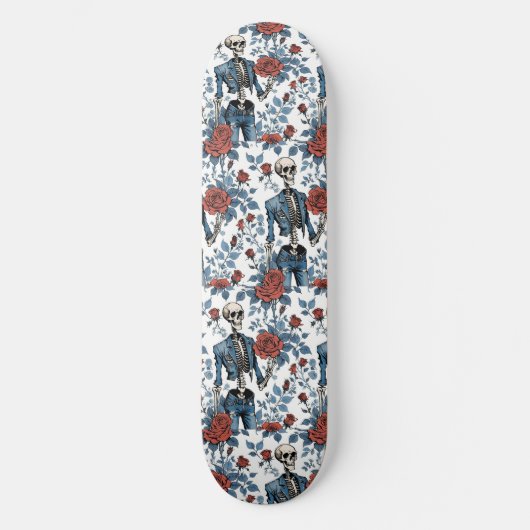 Modieuze Skeletten in Jean jas met Rozen Persoonlijk Skateboard (Voorkant)