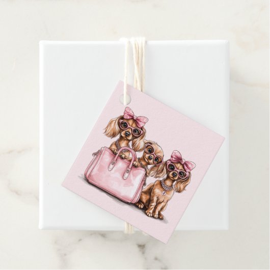 Modieuze teckel honden roze portemonnee bedankjes labels (In situ)