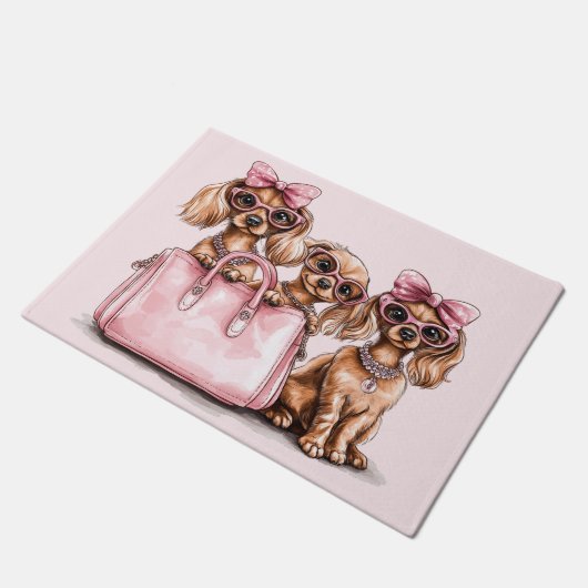 Modieuze teckel honden roze portemonnee deurmat (Schuin)