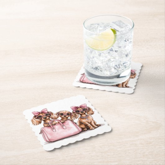 Modieuze teckel honden roze portemonnee kartonnen onderzetters (Insitu)