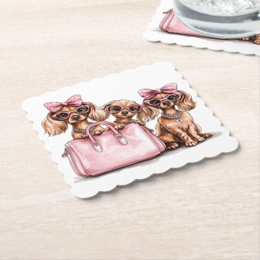 Modieuze teckel honden roze portemonnee kartonnen onderzetters (Gebogen)