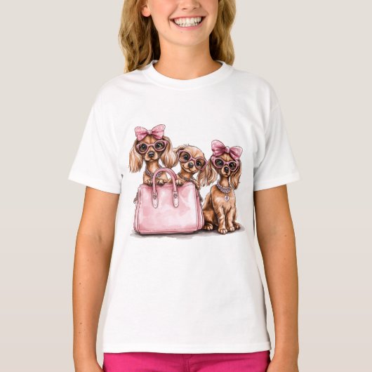 Modieuze teckel honden roze portemonnee t-shirt (Voorkant)