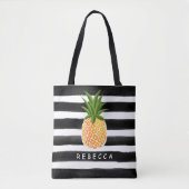 Modieuze Tropische Ananas Zwart Witte Strepen Tote Bag (Voorkant)
