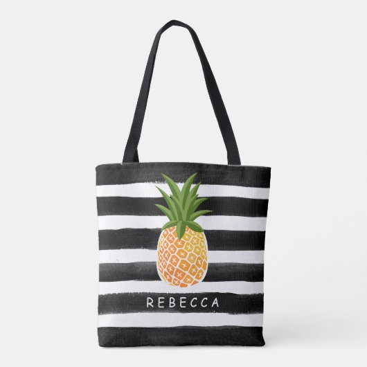 Modieuze Tropische Ananas Zwart Witte Strepen Tote Bag (Achterkant)