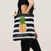 Modieuze Tropische Ananas Zwart Witte Strepen Tote Bag (Dichtbij)