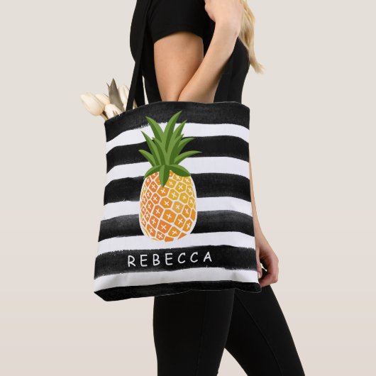 Modieuze Tropische Ananas Zwart Witte Strepen Tote Bag (Dichtbij)