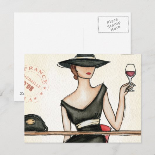 Modieuze vrouw en wijnglas briefkaart (Voorkant / Achterkant)