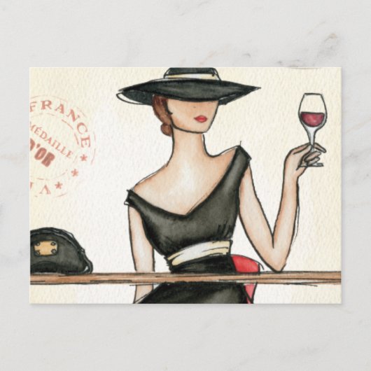 Modieuze vrouw en wijnglas briefkaart (Voorkant)