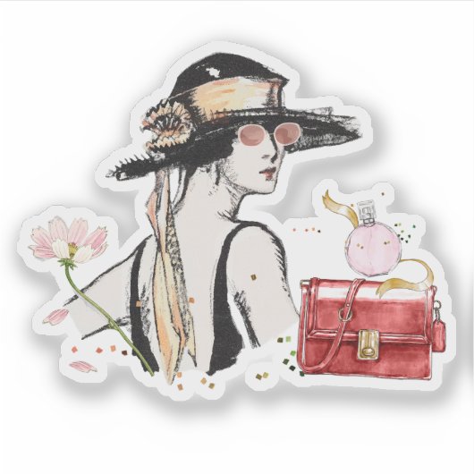 Modieuze vrouw,  mode collage sticker (Voorkant)