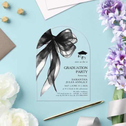 Modieuze Zwarte Strik Boog Afstudeerfeest Acryl Uitnodigingen (Insitu (Huwelijk))