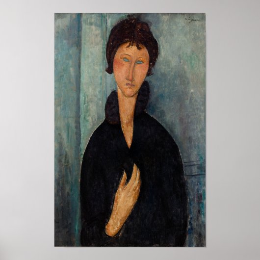 Modigliani Vrouw in Zwart met Blauwe Kunst Print (Voorkant)