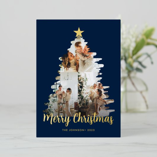 Modish Blue Christmas Tree Lijst 3 Foto Folie Feestdagenkaart (Staand Voorkant)