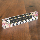 Modish Floral Gold Lijst Black White Stripes Naambordje (Zijkant)