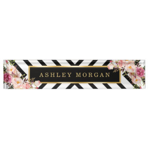 Modish Floral Gold Lijst Black White Stripes Naambordje