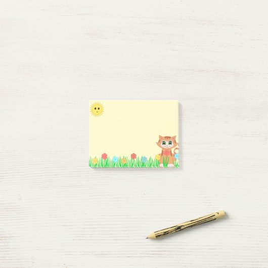 Moe katje, zon, bloemen en gras post-it® notes (Op bureau)