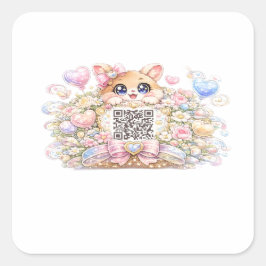 Moe Kawaii Aangepaste QR Code Kat Pastel Roze Bloe Vierkante Sticker