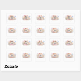 Moe Kawaii Aangepaste QR Code Kat Pastel Roze Bloe Vierkante Sticker