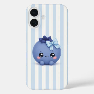 Moe kawaii bosbes op blauwe strepen telefoonhoesje iPhone 16 hoesje