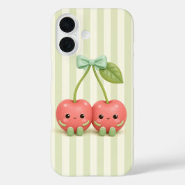 Moe Kawaii Kersen Paar op Salie Groene Strepen Hoe iPhone 16 Hoesje