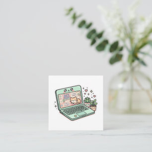 Moe Kawaii Ontspannen Sfeer Laptop Kat Potted PSti Vierkante Visitekaartje