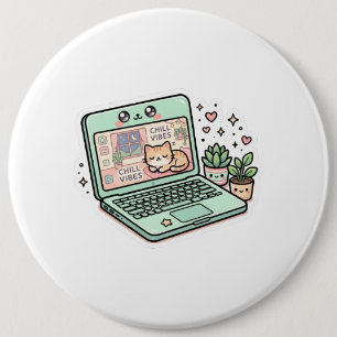 Moe Kawaii Ontspannen Vibe Laptop Kat Potted PStic Ronde Button 6,0 Cm