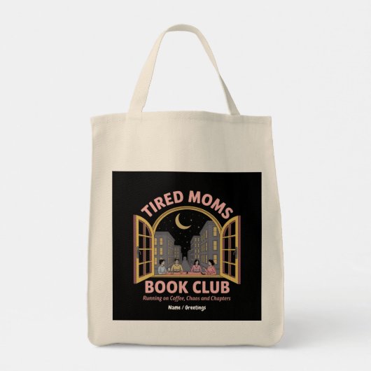 Moe moeders boekenclub loopt op koffie en chaos tote bag (Achterkant)