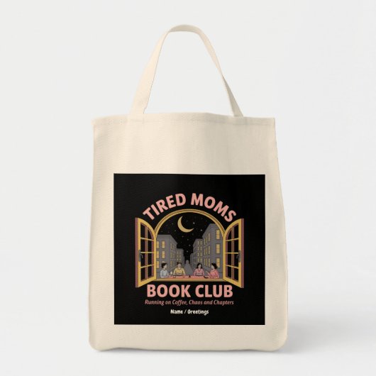 Moe moeders boekenclub loopt op koffie en chaos tote bag (Voorkant)