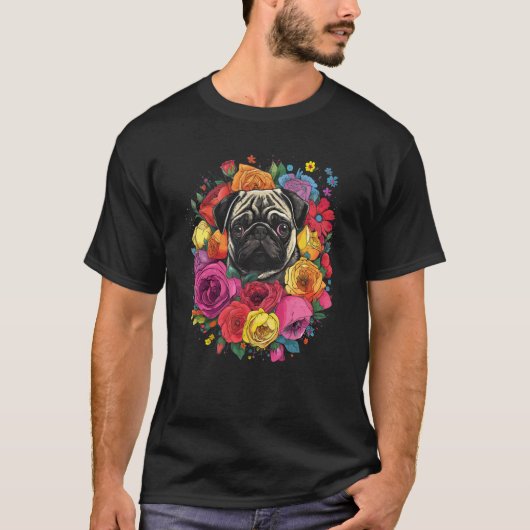Moe Pug Bloemen Boeket T-shirt (Voorkant)