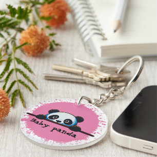 Moe Uitkijkende Baby Panda Roze Spat Keyring Sleutelhanger