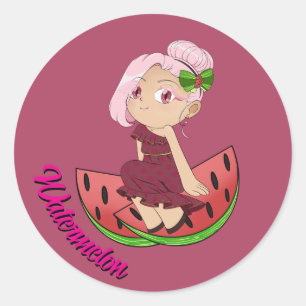 Moe watermeloenthema chibi met gesneden meloenen ronde sticker