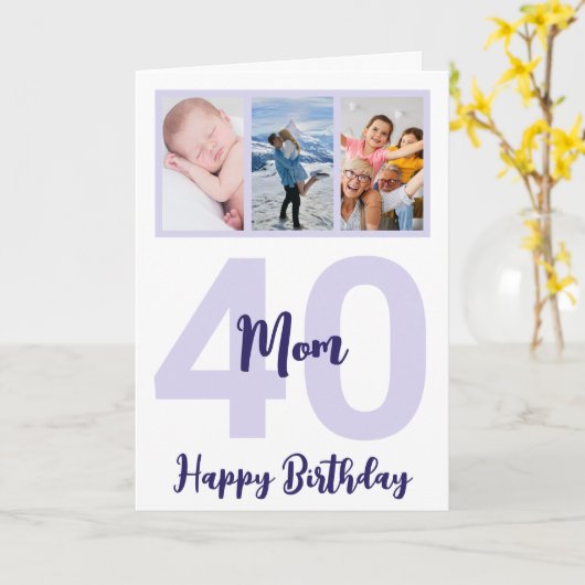 Moeder 40e Verjaardag Paarse Script Fotocollage Kaart (Gele Bloem)