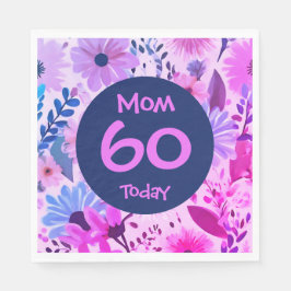 Moeder 60 vandaag roze en blauw bloemfeest servet