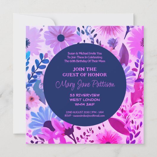 Moeder 60e verjaardag roze, blauw en Paarse bloeme Kaart (Achterkant)